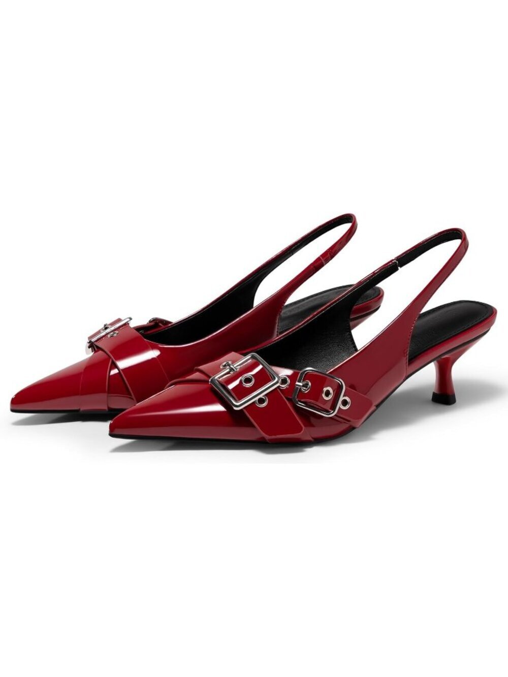 Women's Slingback Kitten Heels Closed Pointed Toe Red Studded Buckle Shoes